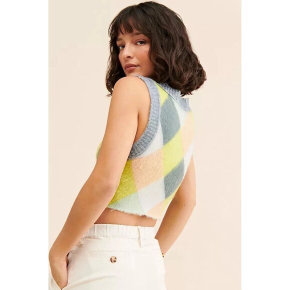 Free People Multicolor Argyle Print Quinn Sweater Vest Size Small 2899 - Picture 4 of 13